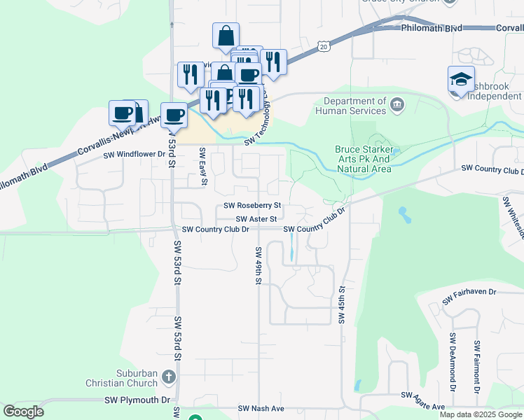 map of restaurants, bars, coffee shops, grocery stores, and more near 4898 Southwest Roseberry Street in Corvallis