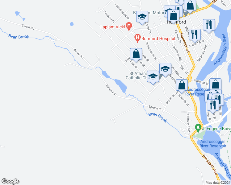 map of restaurants, bars, coffee shops, grocery stores, and more near 298 Spruce Street in Rumford
