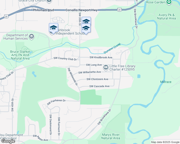 map of restaurants, bars, coffee shops, grocery stores, and more near 3401 Southwest Willamette Avenue in Corvallis