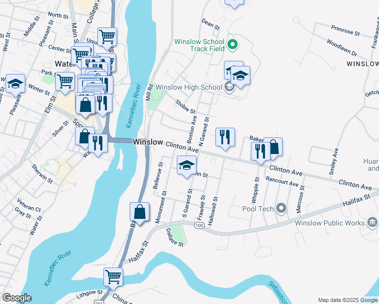 map of restaurants, bars, coffee shops, grocery stores, and more near 44 Clinton Avenue in Winslow