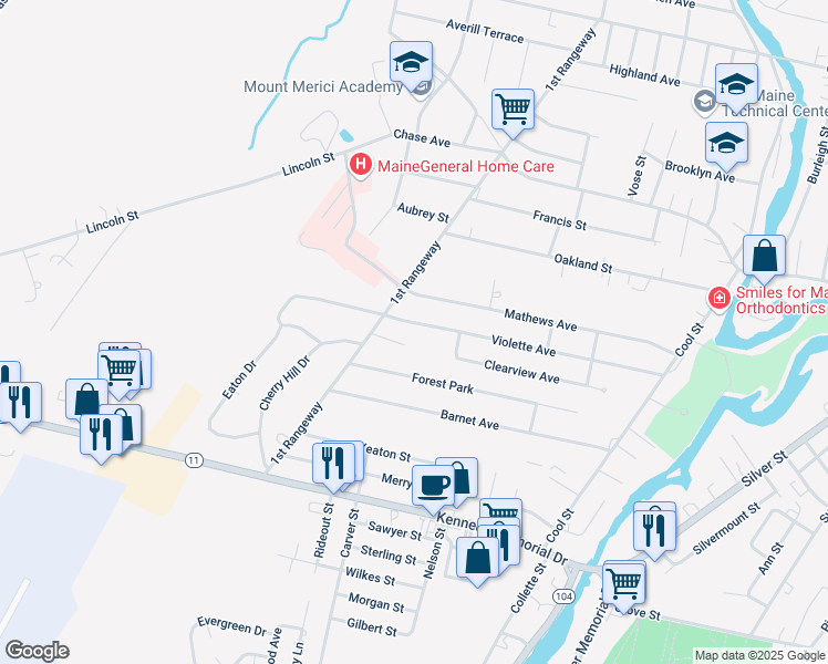 map of restaurants, bars, coffee shops, grocery stores, and more near 71 Violette Avenue in Waterville