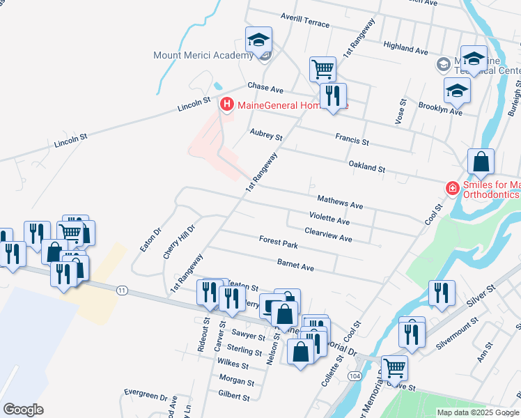 map of restaurants, bars, coffee shops, grocery stores, and more near 71 Violette Avenue in Waterville