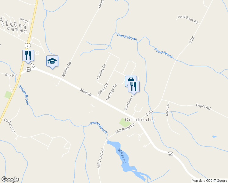 map of restaurants, bars, coffee shops, grocery stores, and more near 102 Heritage Lane in Colchester