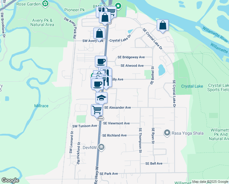 map of restaurants, bars, coffee shops, grocery stores, and more near 250 Southeast Mayberry Avenue in Corvallis