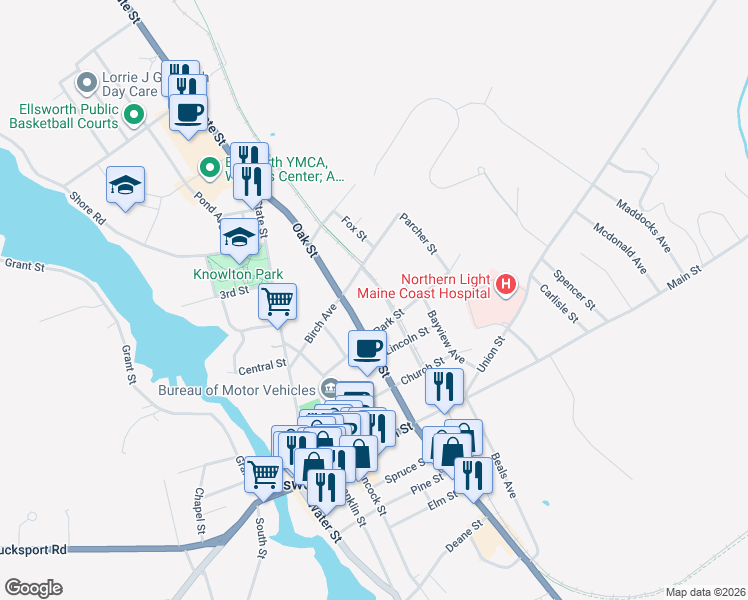 map of restaurants, bars, coffee shops, grocery stores, and more near 79 Oak Street in Ellsworth