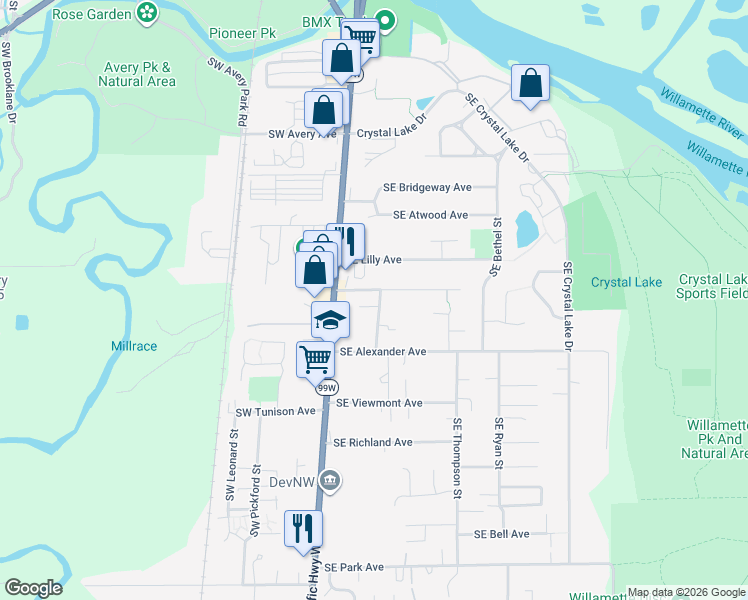 map of restaurants, bars, coffee shops, grocery stores, and more near 250 Southeast Mayberry Avenue in Corvallis