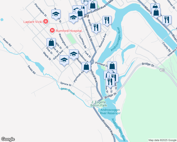 map of restaurants, bars, coffee shops, grocery stores, and more near 54 Washington Street in Rumford