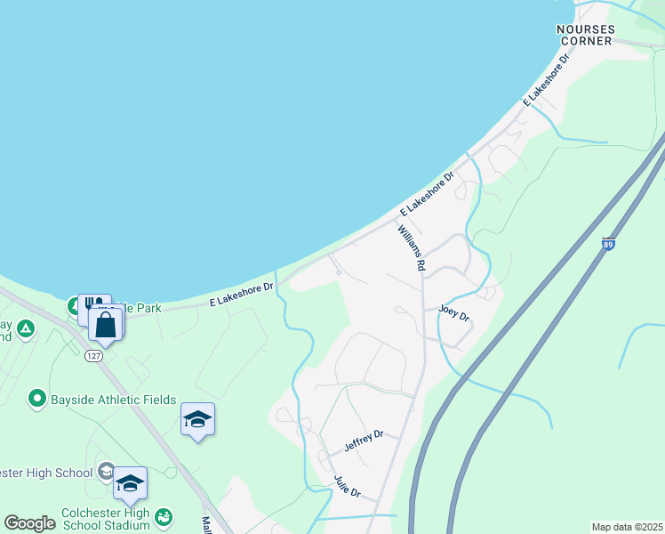 map of restaurants, bars, coffee shops, grocery stores, and more near 25 Sandy Shore Terrace in Colchester