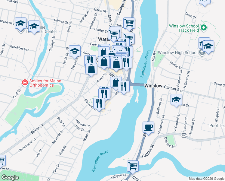 map of restaurants, bars, coffee shops, grocery stores, and more near 4 Oxford Street in Waterville