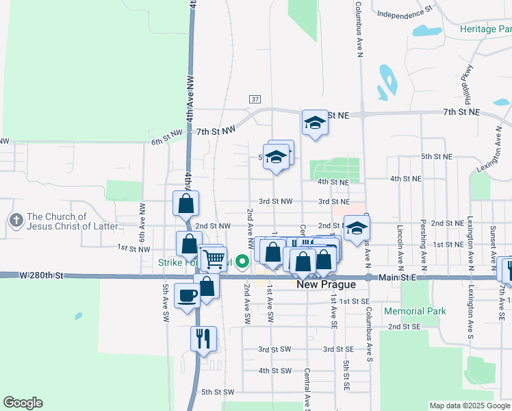 map of restaurants, bars, coffee shops, grocery stores, and more near 313 2nd Avenue Northwest in New Prague