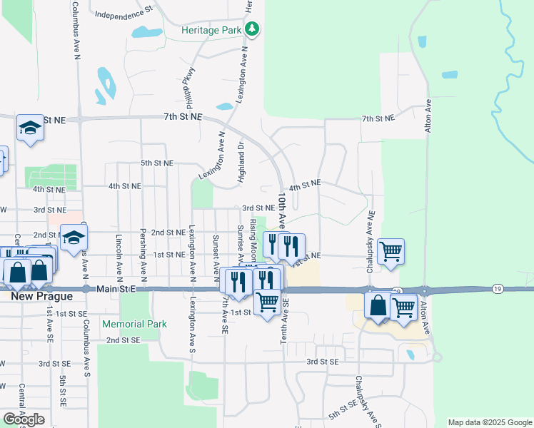 map of restaurants, bars, coffee shops, grocery stores, and more near 1006 3rd Street Northeast in New Prague