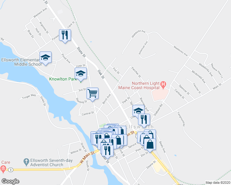 map of restaurants, bars, coffee shops, grocery stores, and more near 79 Oak Street in Ellsworth