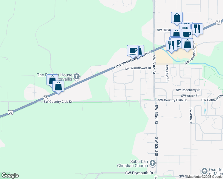 map of restaurants, bars, coffee shops, grocery stores, and more near 5685 Southwest Redtop Place in Corvallis