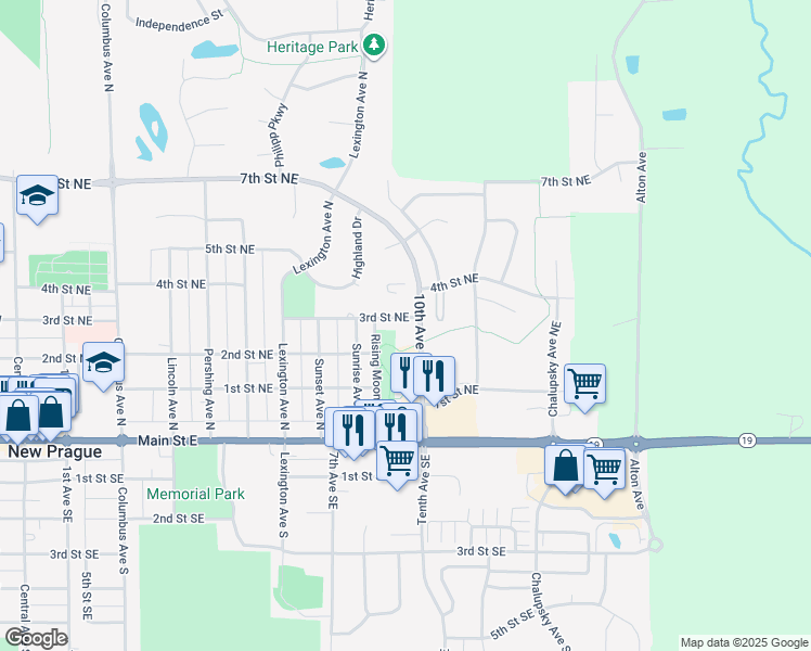 map of restaurants, bars, coffee shops, grocery stores, and more near 1006 3rd Street Northeast in New Prague