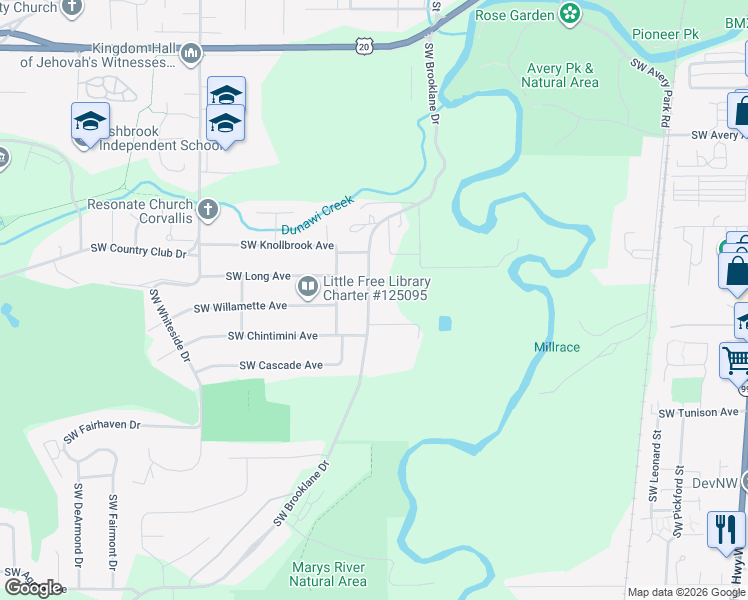 map of restaurants, bars, coffee shops, grocery stores, and more near 1815 Southwest Brooklane Drive in Corvallis