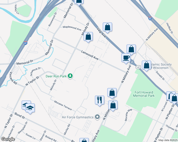 map of restaurants, bars, coffee shops, grocery stores, and more near 1145 Roland Lane in Green Bay