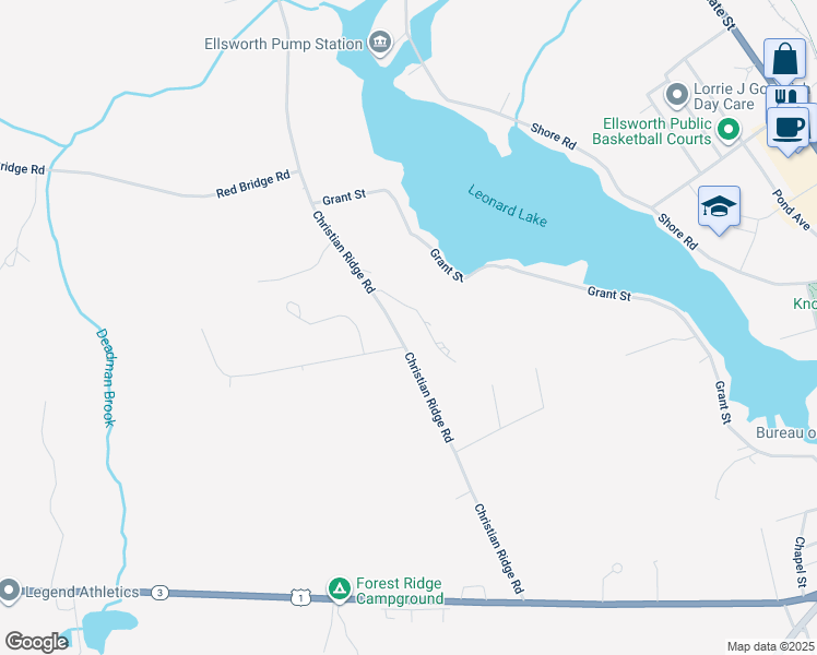 map of restaurants, bars, coffee shops, grocery stores, and more near 123 Christian Ridge Road in Ellsworth