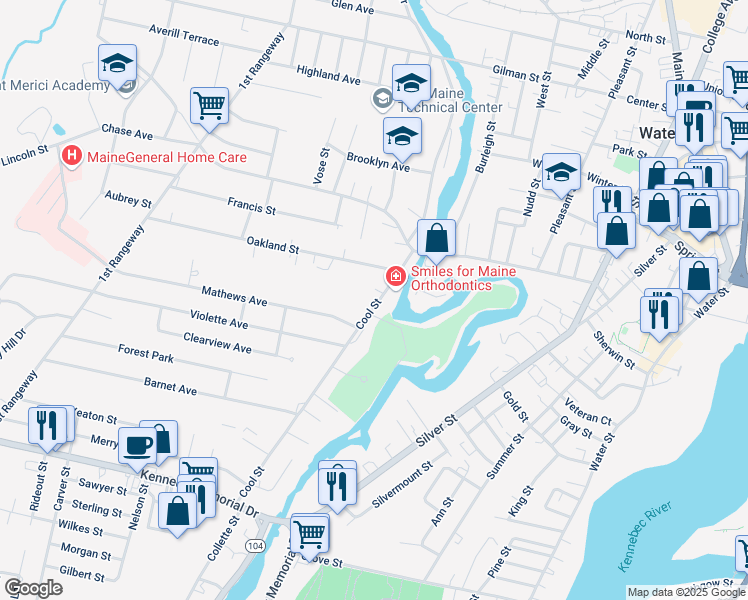 map of restaurants, bars, coffee shops, grocery stores, and more near 25 Cool Street in Waterville