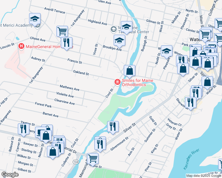 map of restaurants, bars, coffee shops, grocery stores, and more near 25 Cool Street in Waterville
