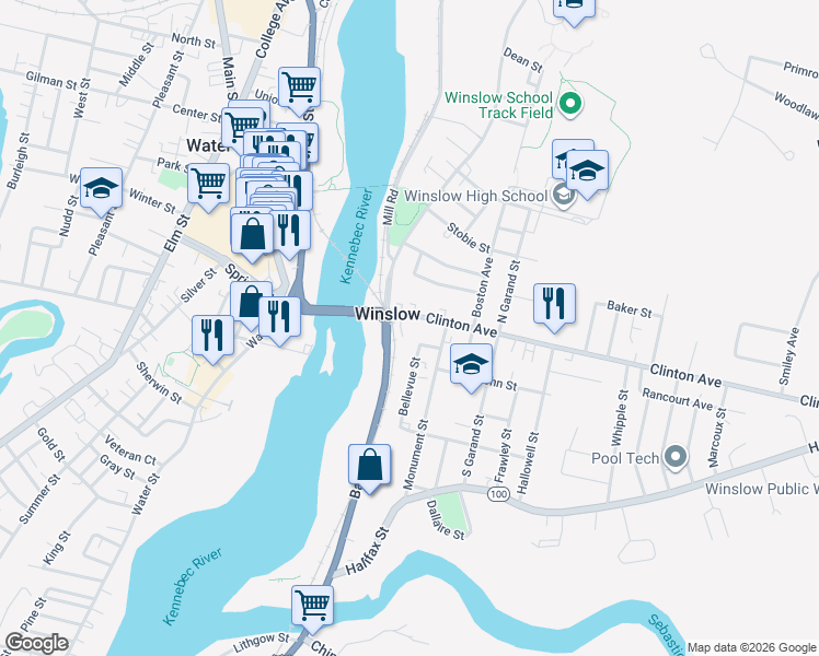 map of restaurants, bars, coffee shops, grocery stores, and more near 21 Clinton Avenue in Winslow