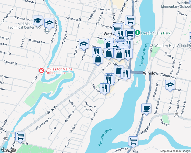 map of restaurants, bars, coffee shops, grocery stores, and more near 66 Silver Street in Waterville