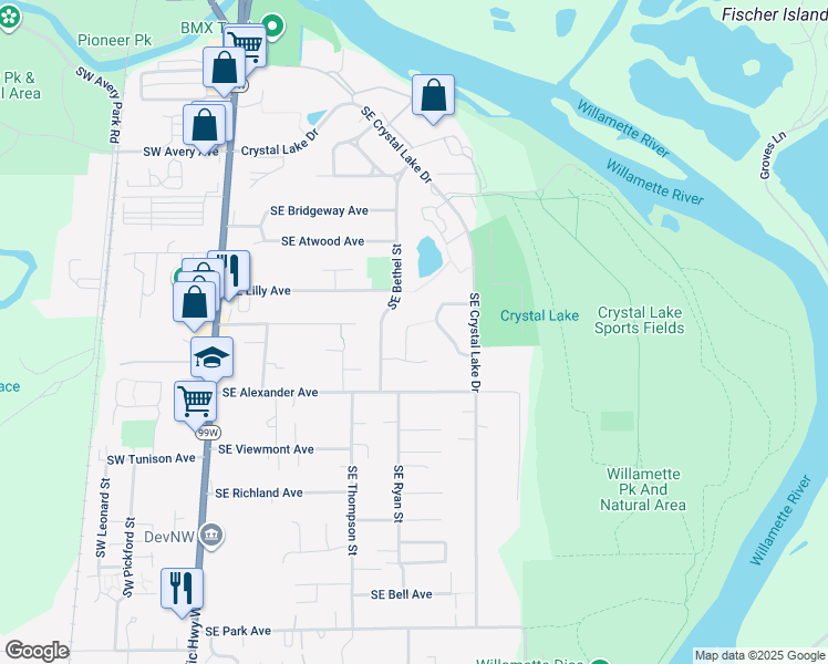 map of restaurants, bars, coffee shops, grocery stores, and more near 881 Southeast Bethel Place in Corvallis