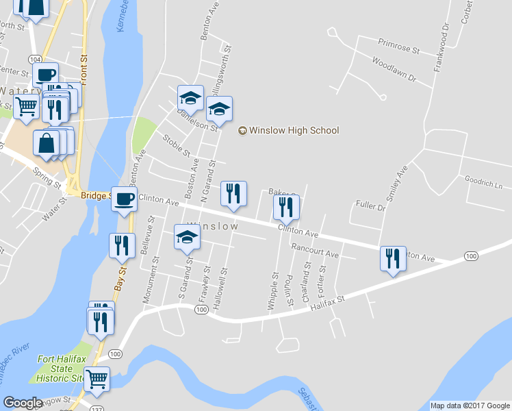 map of restaurants, bars, coffee shops, grocery stores, and more near 6 Kidder Street in Winslow