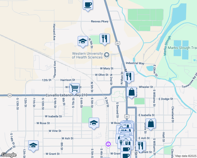 map of restaurants, bars, coffee shops, grocery stores, and more near 265 Harrison Street in Lebanon