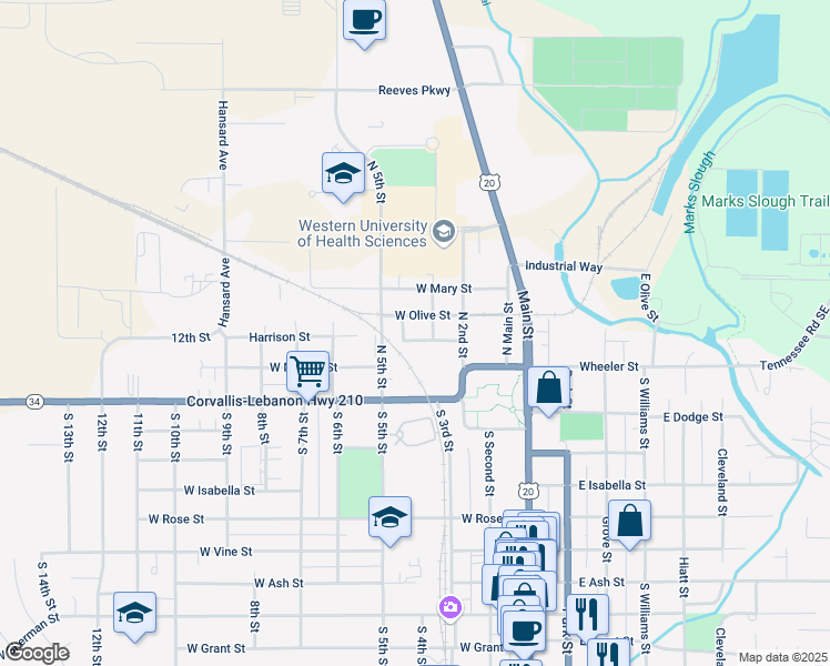 map of restaurants, bars, coffee shops, grocery stores, and more near 265 Harrison Street in Lebanon