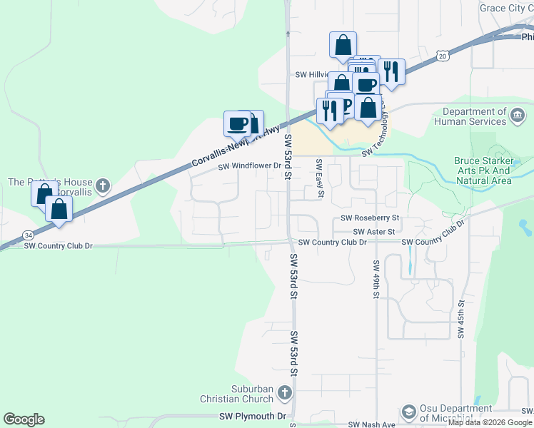 map of restaurants, bars, coffee shops, grocery stores, and more near 1938 Southwest Stanford Street in Corvallis