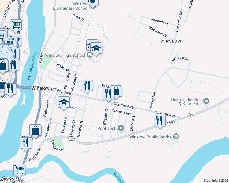 map of restaurants, bars, coffee shops, grocery stores, and more near 10 Chadwick Street in Winslow