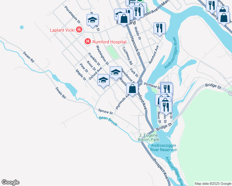map of restaurants, bars, coffee shops, grocery stores, and more near 116 Knox Street in Rumford