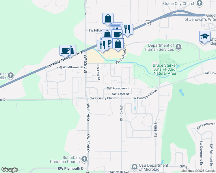 map of restaurants, bars, coffee shops, grocery stores, and more near 4967 Southwest Roseberry Street in Corvallis