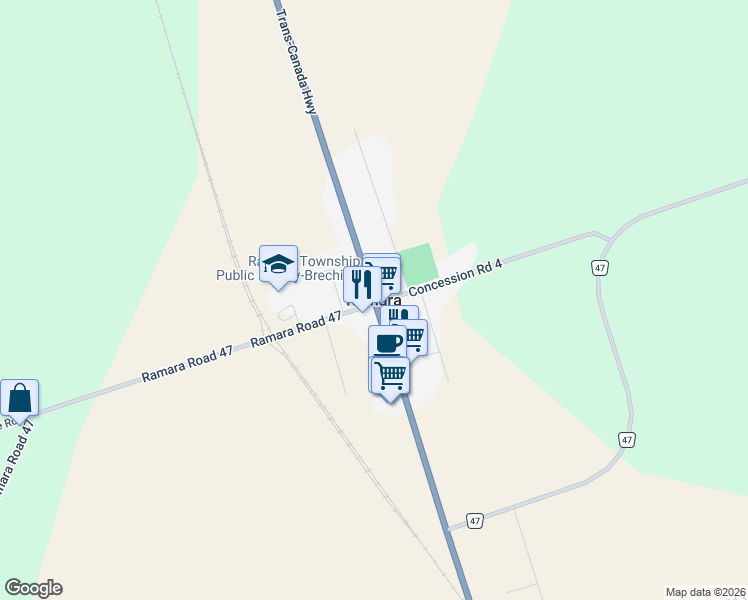 map of restaurants, bars, coffee shops, grocery stores, and more near in Ramara