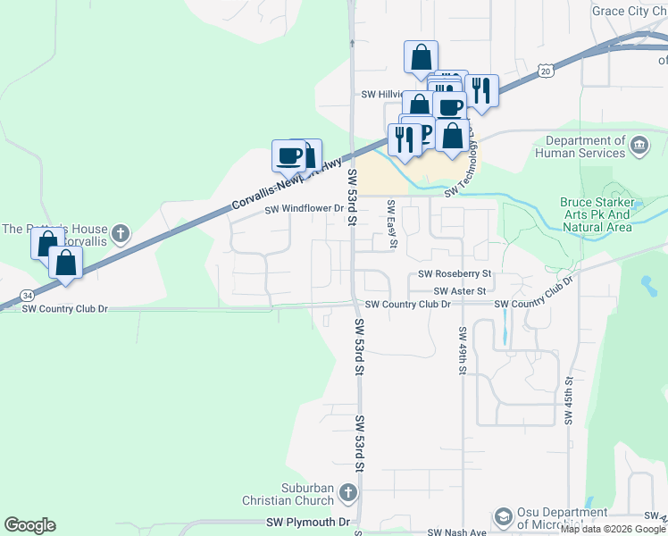 map of restaurants, bars, coffee shops, grocery stores, and more near 1938 Southwest Stanford Street in Corvallis
