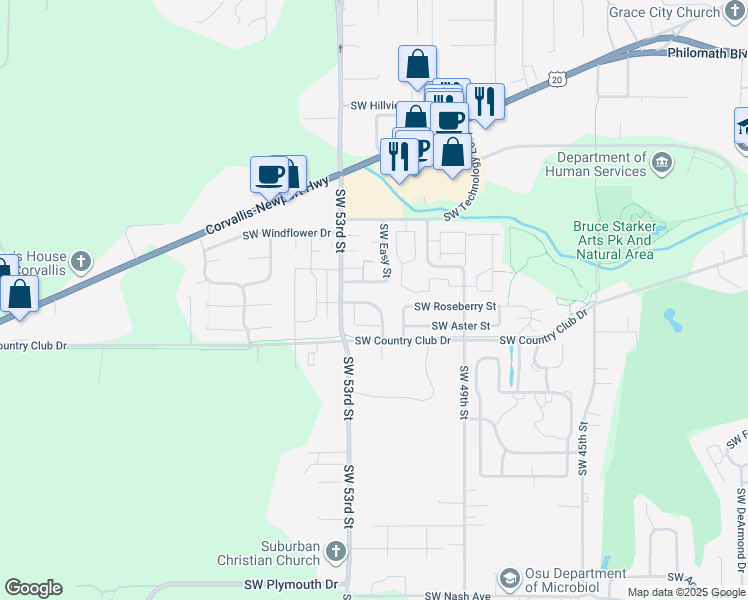map of restaurants, bars, coffee shops, grocery stores, and more near 5157 Southwest Meadow Flower Drive in Corvallis