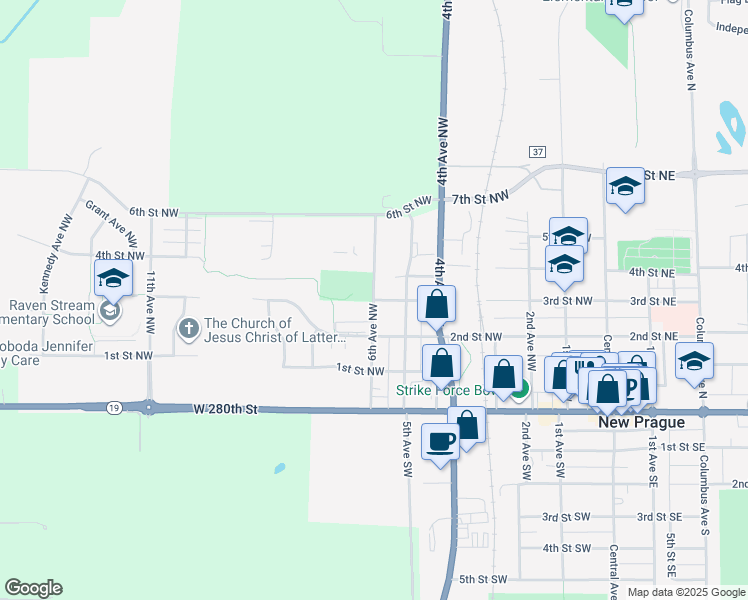 map of restaurants, bars, coffee shops, grocery stores, and more near 399 6th Avenue Northwest in New Prague