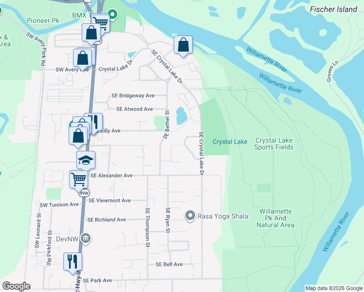 map of restaurants, bars, coffee shops, grocery stores, and more near 881 Southeast Bethel Place in Corvallis