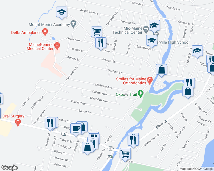 map of restaurants, bars, coffee shops, grocery stores, and more near 35 Mathews Avenue in Waterville