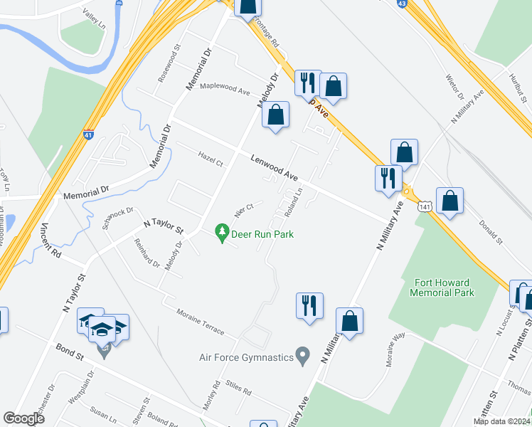 map of restaurants, bars, coffee shops, grocery stores, and more near 1176 Nier Court in Green Bay