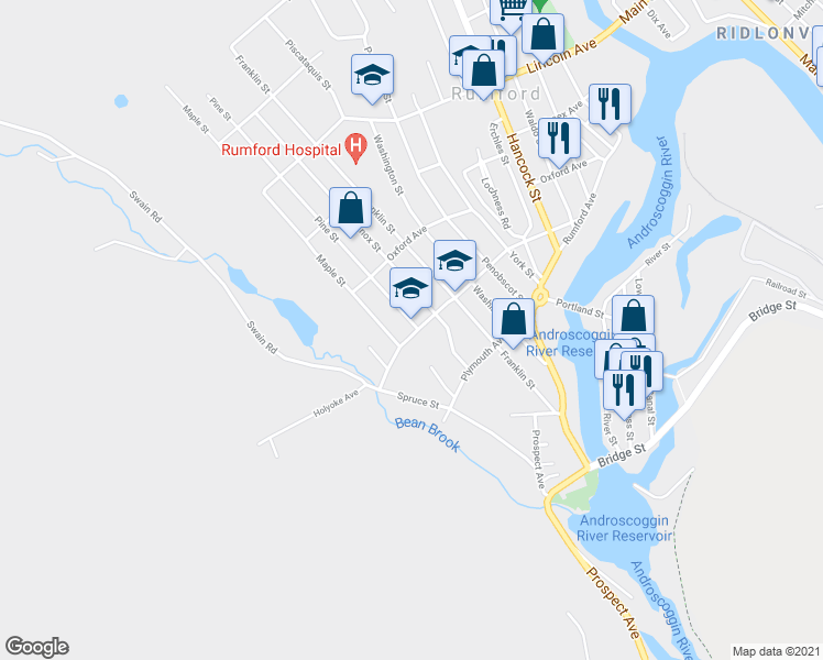 map of restaurants, bars, coffee shops, grocery stores, and more near 201 Pine Street in Rumford