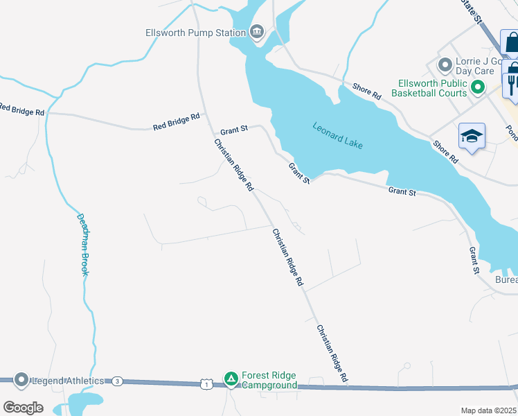 map of restaurants, bars, coffee shops, grocery stores, and more near 123 Christian Ridge Road in Ellsworth