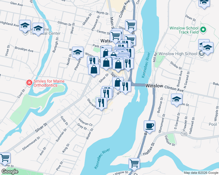map of restaurants, bars, coffee shops, grocery stores, and more near 4 Oxford Street in Waterville