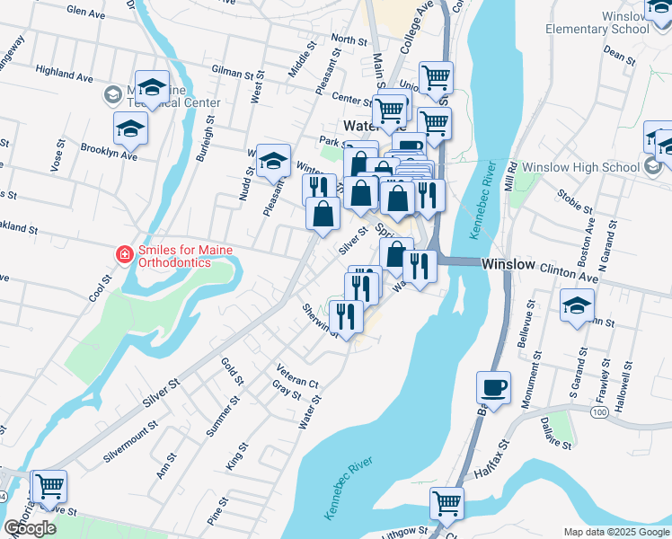 map of restaurants, bars, coffee shops, grocery stores, and more near 5 Silver Place in Waterville
