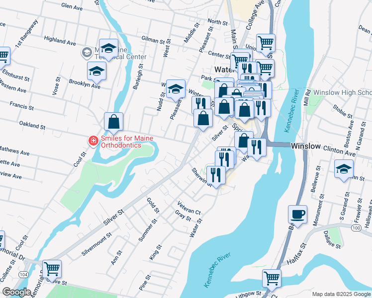 map of restaurants, bars, coffee shops, grocery stores, and more near in Waterville