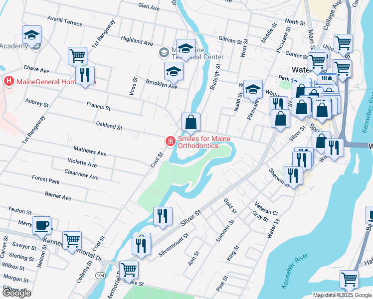 map of restaurants, bars, coffee shops, grocery stores, and more near 6 South Street in Waterville
