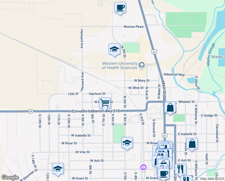 map of restaurants, bars, coffee shops, grocery stores, and more near 495 Harrison Street in Lebanon