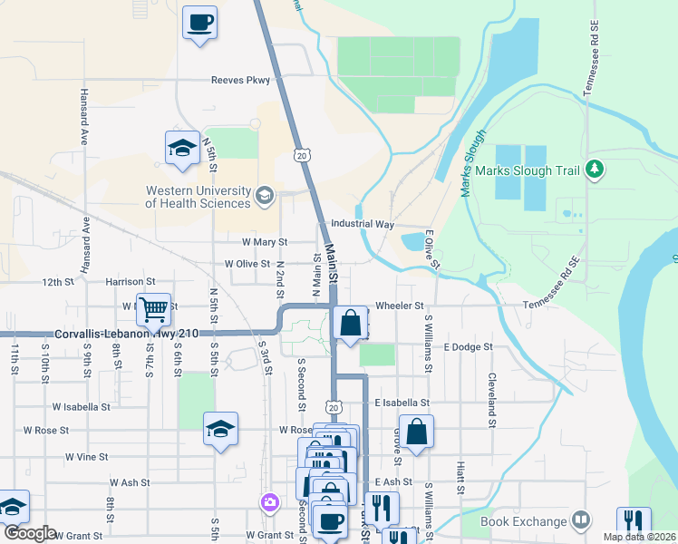 map of restaurants, bars, coffee shops, grocery stores, and more near 185 N Santiam Hwy in Lebanon