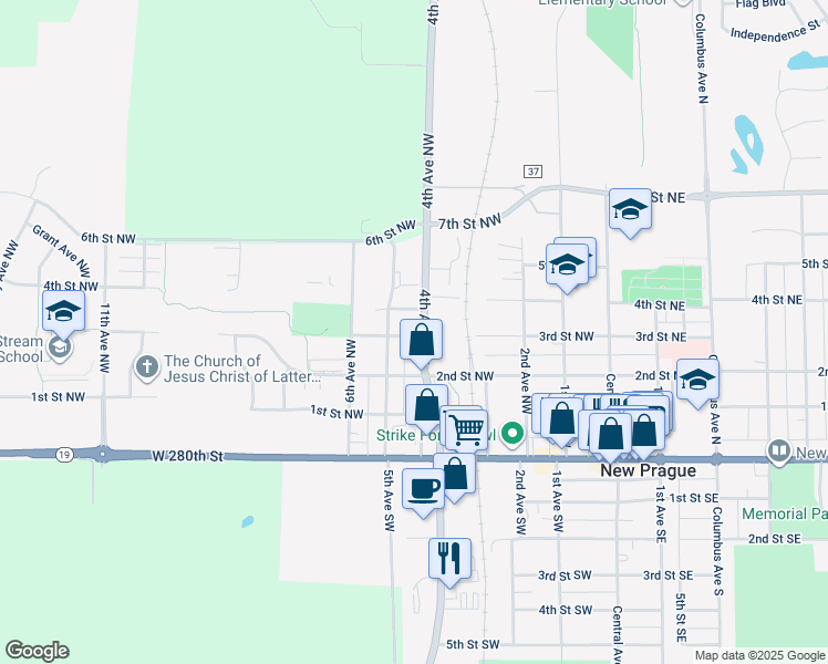 map of restaurants, bars, coffee shops, grocery stores, and more near 402 4th Avenue Northwest in New Prague