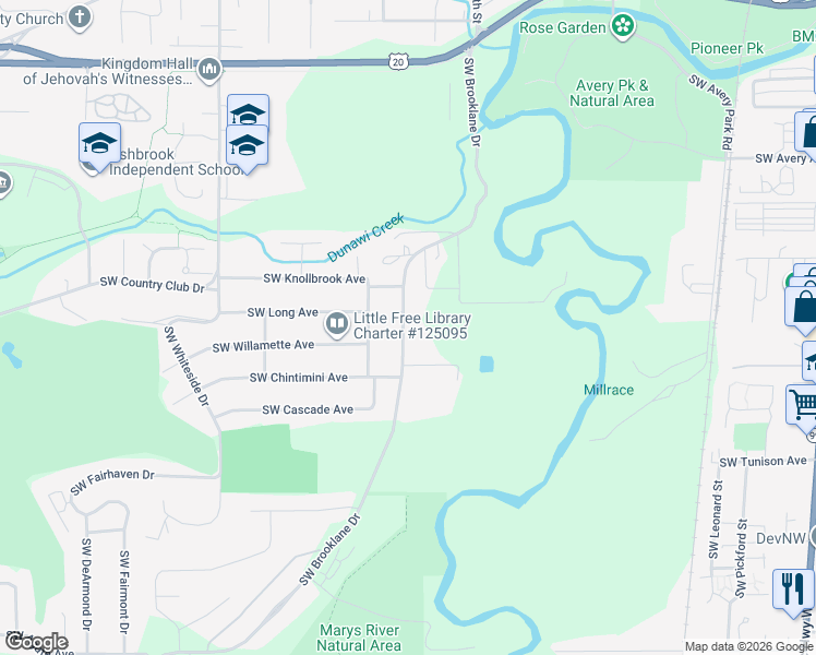 map of restaurants, bars, coffee shops, grocery stores, and more near 1815 Southwest Brooklane Drive in Corvallis